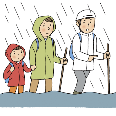 やむをえず浸水時に避難するときは、杖を忘れず運動靴で傘は杖代わりになります